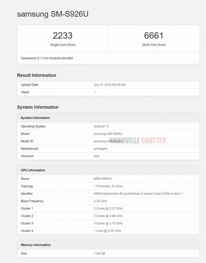 تقرير الأداء لمنصة Geekbench للهاتف المنتظر Samsung Galaxy S24+ (SM-926)