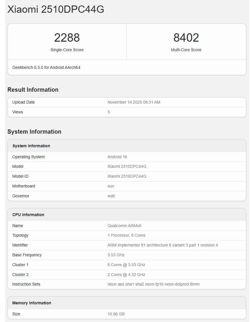 رصد مواصفات الهاتف المنتظر Poco F8 Pro علي منصة Geekbench رصد مواصفات الهاتف المنتظر Poco F8 Pro علي منصة Geekbench