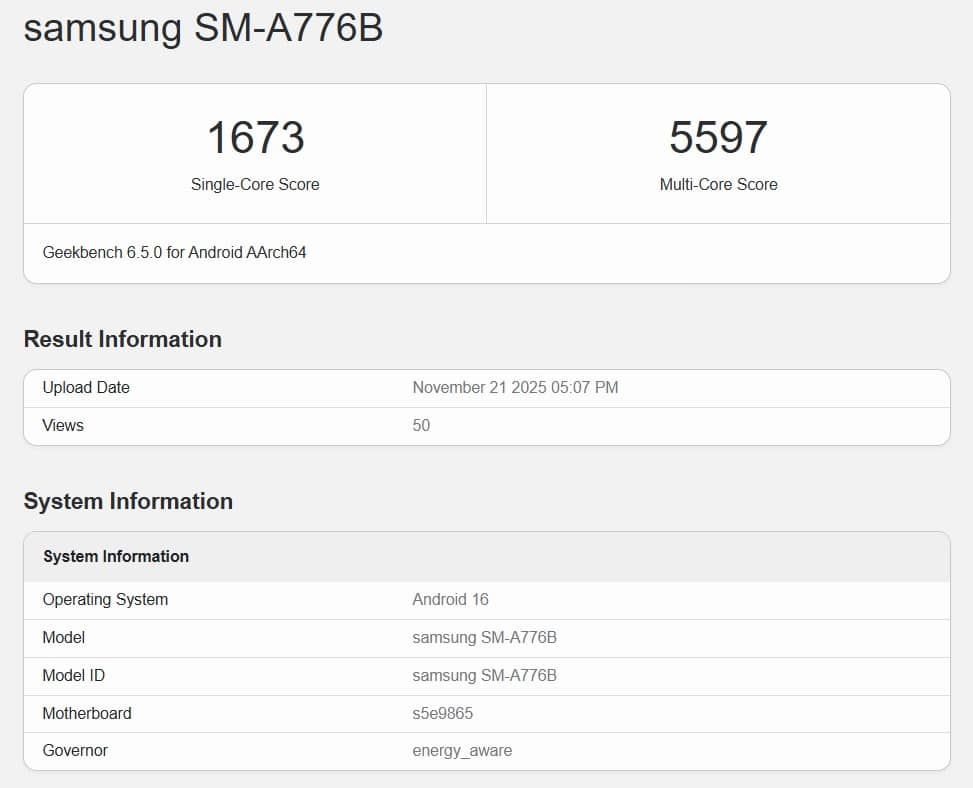 Galaxy A77 Geekbench