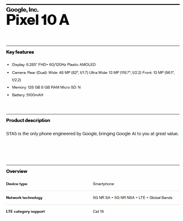 قاعدة بيانات Verizon لهاتف Google Pixel 10a