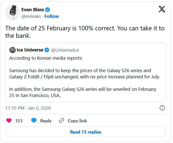 Galaxy-S26-series-February-launch-date-reiterated-via-evleaks_10679 تقارير جديدة تؤكد موعد إطلاق سلسلة هواتف Galaxy S26 نهاية فبراير