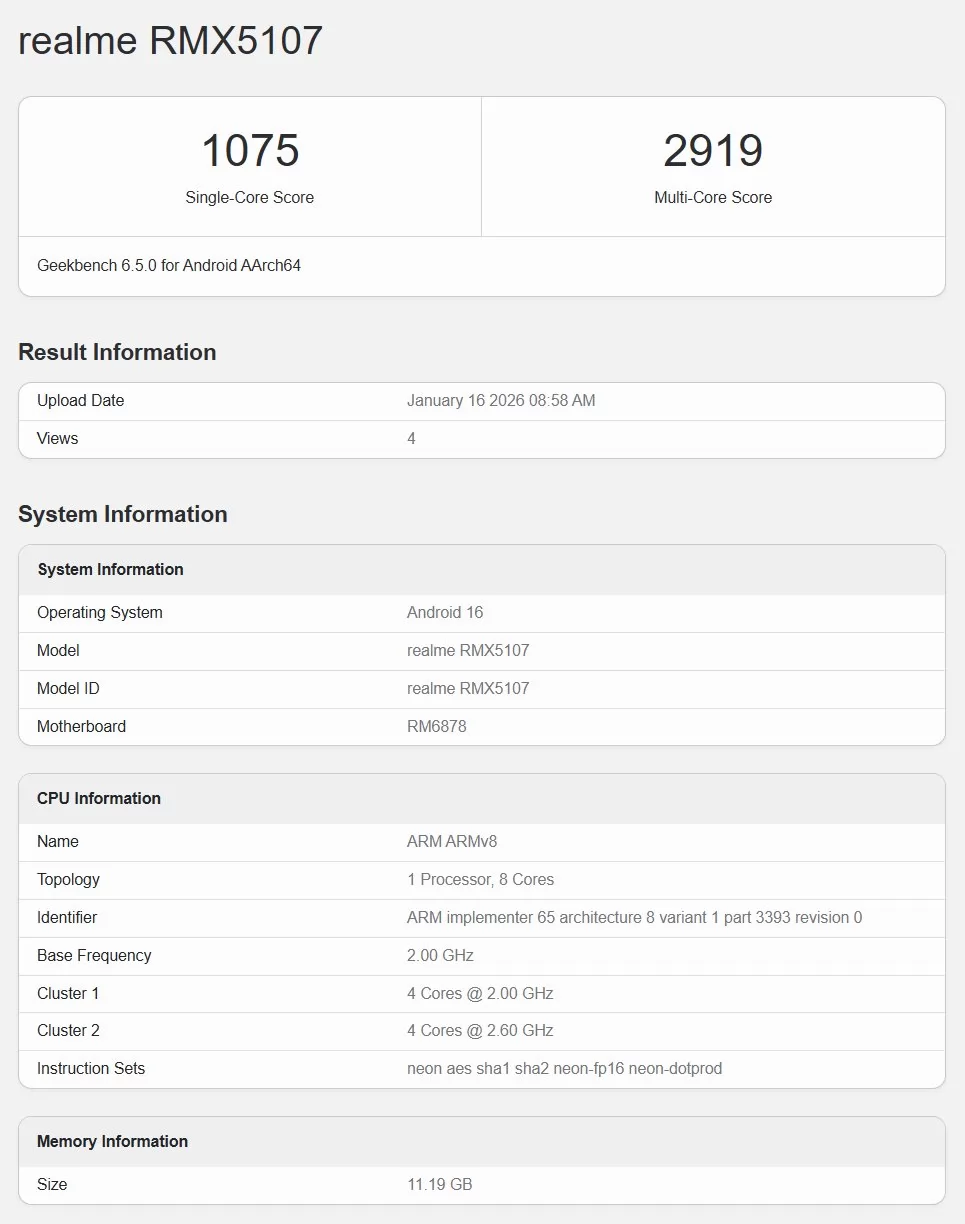 منصة تقيم الأداء Geekbench لهاتف Realme P4 Power