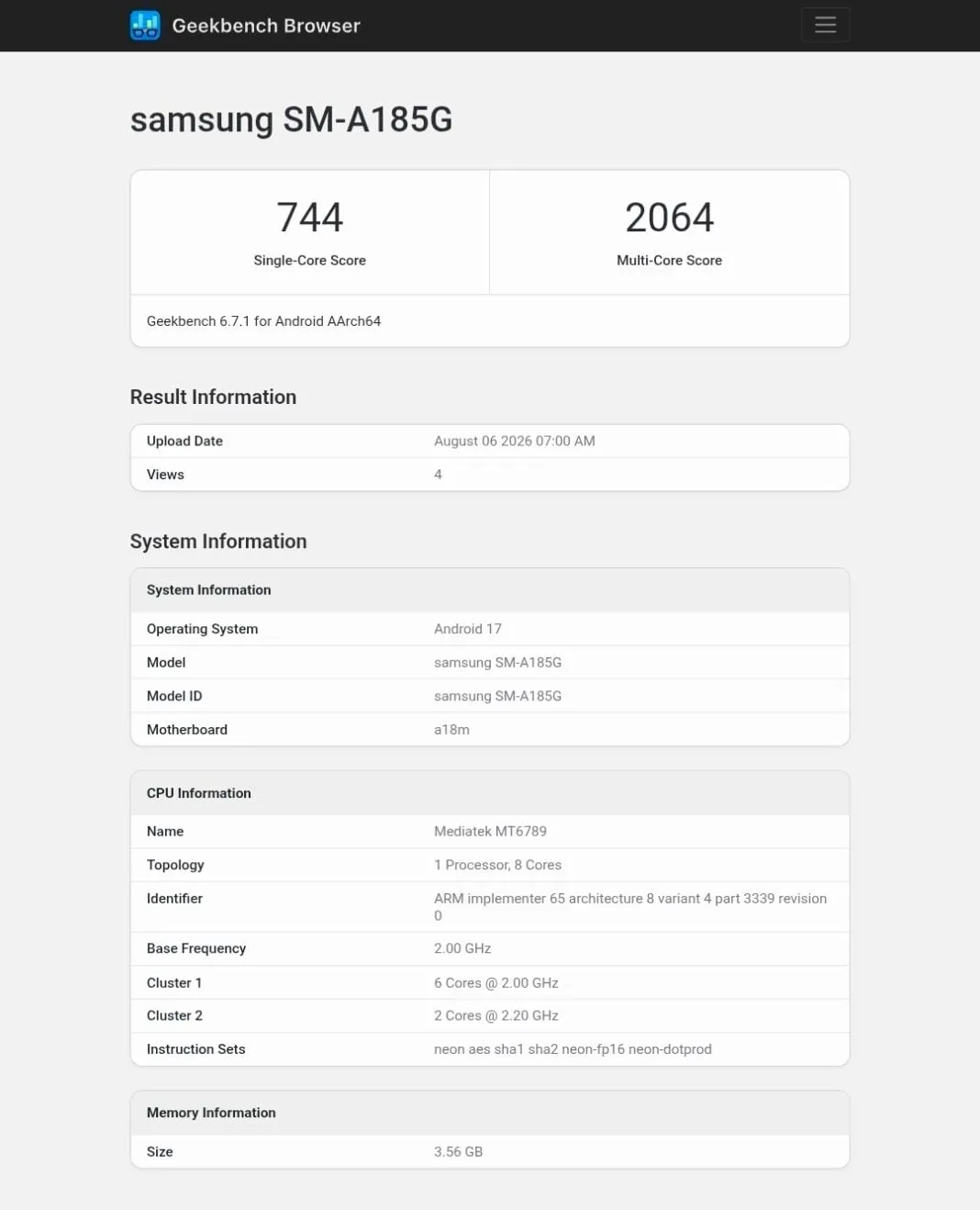 هاتف Galaxy A18 علي منصة Geekbench