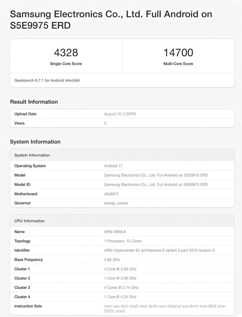 تسريب اختبار Exynos 2700 علي Geekbench