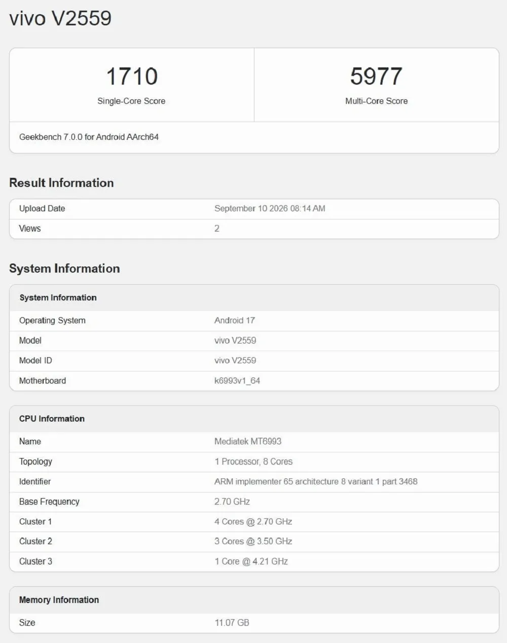 هاتف Vivo X Fold 6 علي منصة Geekbench هاتف Vivo X Fold 6 علي منصة Geekbench
