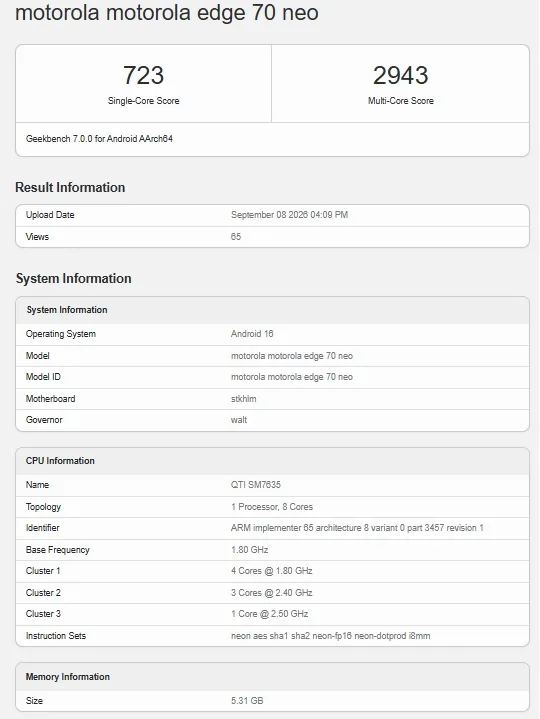 هاتف Motorola Edge 70 Neo علي منصة Geekbench هاتف Motorola Edge 70 Neo علي منصة Geekbench